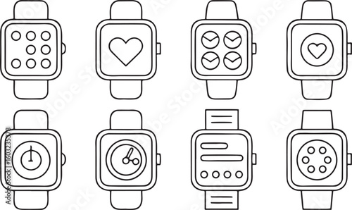 Isolated fitness tracker and wearable device icons, heart rate monitor, step counter, smartwatch, sleep tracker, calorie burned tracker, clean UI design