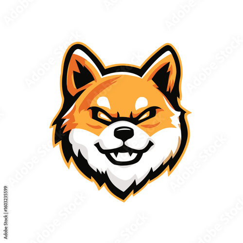 Shiba Inu logo featuring an expressive orange head with bold features and a mischievous grin, perfect for branding or gaming use