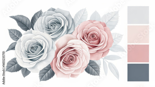 Soft pastel roses and color swatches isolated on transparent background