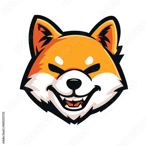 Shiba Inu logo featuring an expressive orange head with bold features and a mischievous grin, perfect for branding or gaming use
