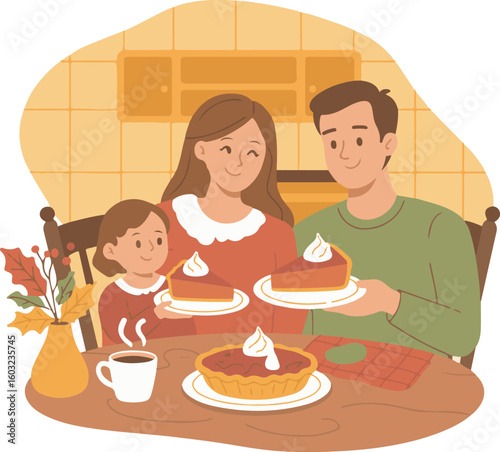Happy Family Enjoying Pie Together at Home with Autumn Decor Illustration