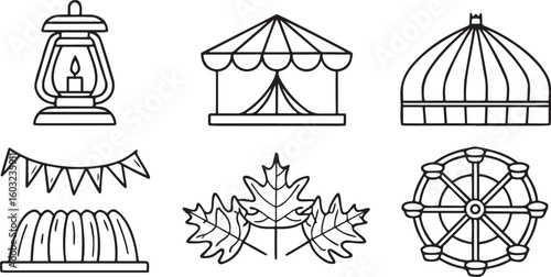Isolated fall festival and autumn celebration icons, traditional lantern, stacked hay, carnival tent, leaf garland, fairground ride, seasonal decoration