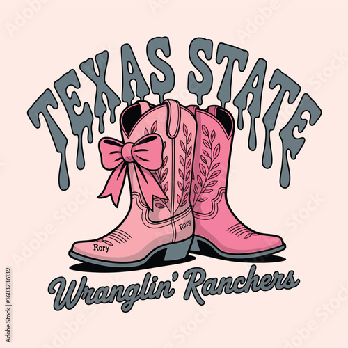 Vibrant pink cowboy boots with a sweet bow, proudly declaring Texas State Wranglin' Ranchers, perfect for country music fans and rodeo enthusiasts seeking iconic Western style.