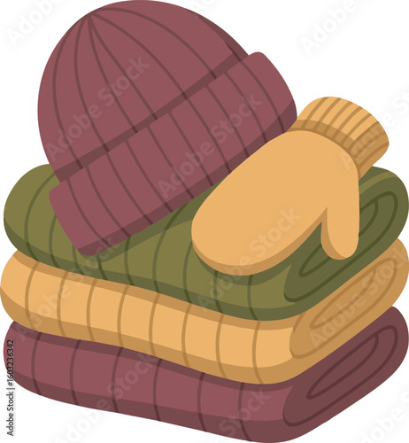 Stack of Warm Blankets with Knit Hat and Mitten Cozy Winter Season Illustration