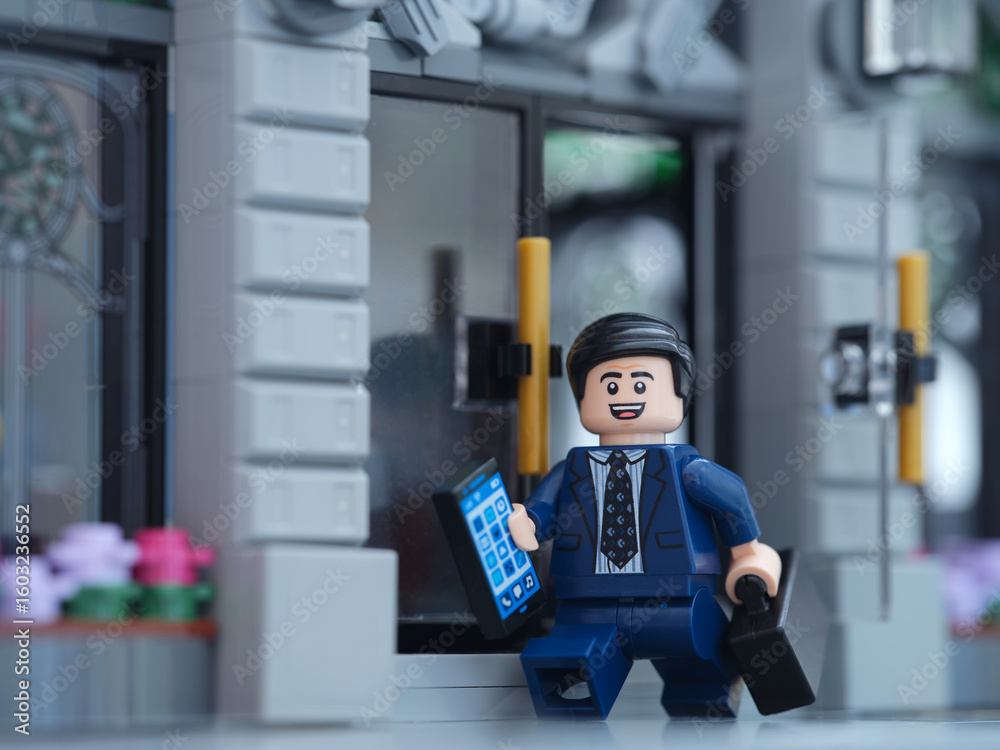 Obraz premium Tambov, Russian Federation - July 06, 2025 A happy Lego businessman minifigure walking out of a bank and holding a cell phone and a briefcase.