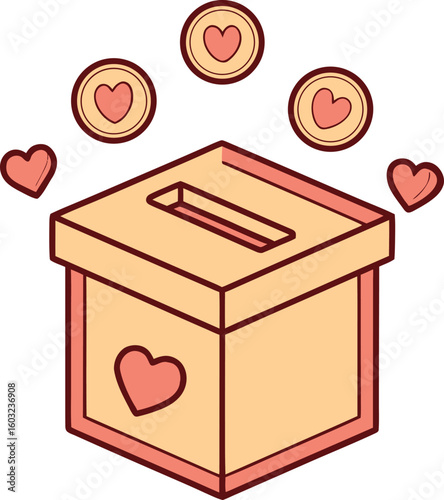 Cartoon illustration of a donation box with hearts and coins charity giving
