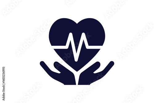 Heartbeat in Caring Hands outline clip art silhouette vector illustration on white background
