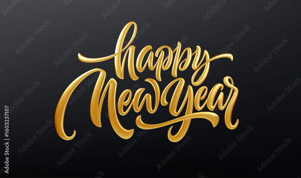 Obraz premium Elegant Golden Calligraphy Text of Happy New Year on a Gradient Black to Gray Background, Celebratory and Festive Design, Vector Illustration and Perfect for Celebration Themes