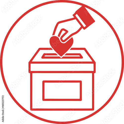 Red line art icon of a hand dropping a heart into a donation box charity giving