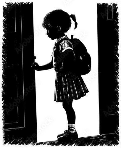 Silhouette of a schoolgirl opening the door to a classroom