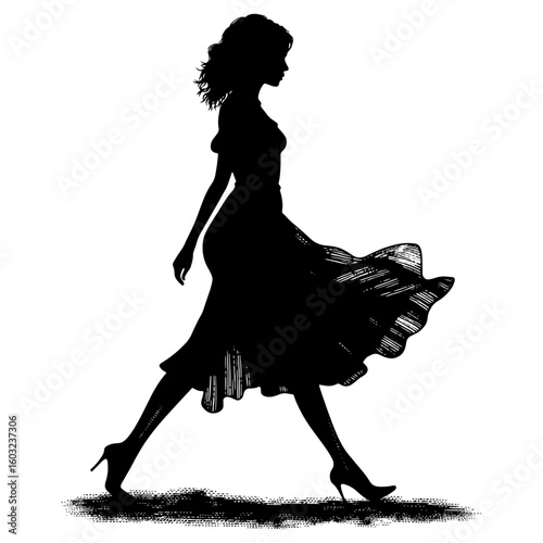 Woman silhouette gracefully walking in high heels