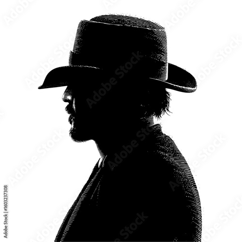 Bearded man in hat, profile, black and white silhouette, western character.