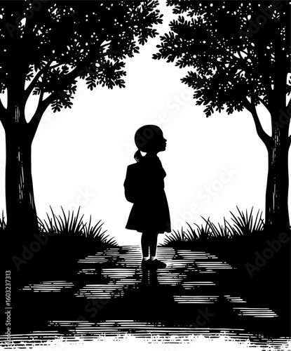 Schoolgirl with a backpack between two trees.Black and white silhouette illustration