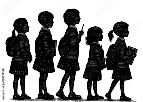 Five young students in silhouette walking together