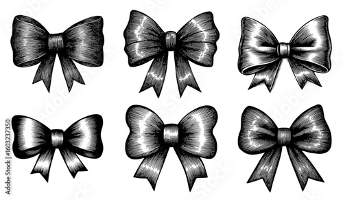 Decorative bows in a black and white engraving style for celebration and decoration