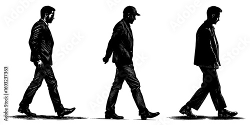 men in suits walking in silhouette woodblock print style