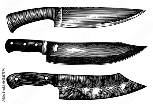 knives in a woodcut style, in black and white, representing weaponry or cooking