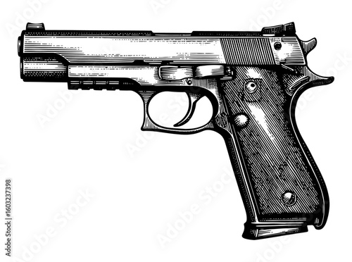 Handgun in a linocut engraving style, in black and white