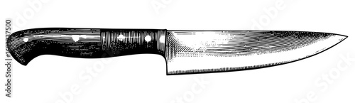 Chef's knife in woodcut style, black and white, for culinary and cooking use