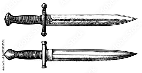 Engraved daggers illustration in black and white