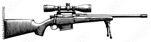 Sniper rifle with scope and bipod in a graphic woodcut style, black and white