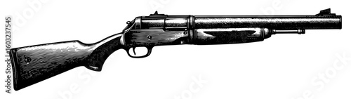 Engraved shotgun illustration in black and white