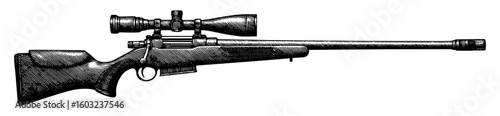 Hunting rifle with telescopic sight in a classic engraving style, black and white