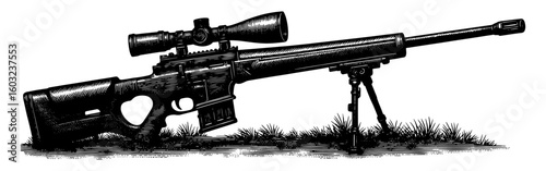 Sniper rifle on bipod in grass, depicted in a vintage black and white woodblock style.