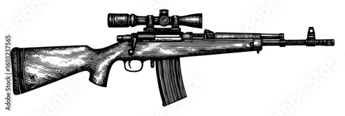 Hunting rifle with scope in woodcut style, black and white