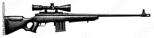 Scoped rifle in a detailed woodcut style, black and white