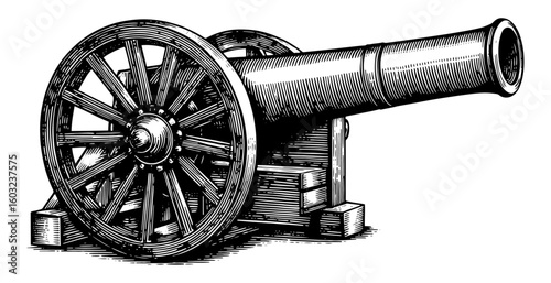 Historical wheeled cannon in a detailed woodcut illustration style, black and white