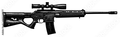 High-contrast rifle with scope illustration in a woodblock print style, black and white