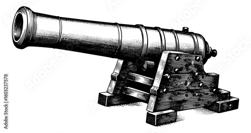 Vintage cannon in woodcut illustration style, black and white