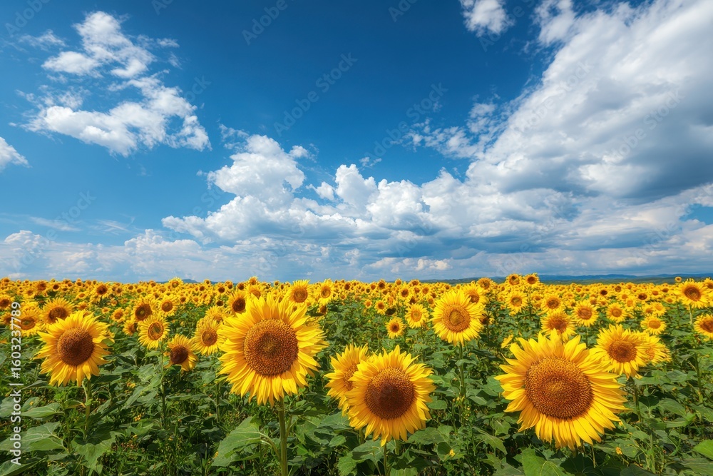 Fototapeta premium Lovely sunflower meadow under a bright blue sky