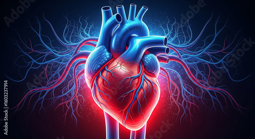Modern anatomical heart illustration with vibrant blue and red vessels for medical and scientific content creation to promote heart health awareness