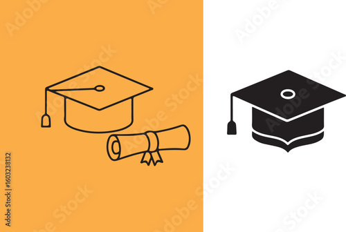 Graduation cap and diploma icon set scroll education