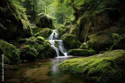 Moss covered rocks in a temperate forest waterfall Central Europe