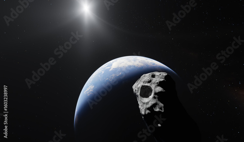 Fototapeta Naklejka Na Ścianę i Meble -  Asteroid Approaching Earth in Outer Space with Sunlight in Background