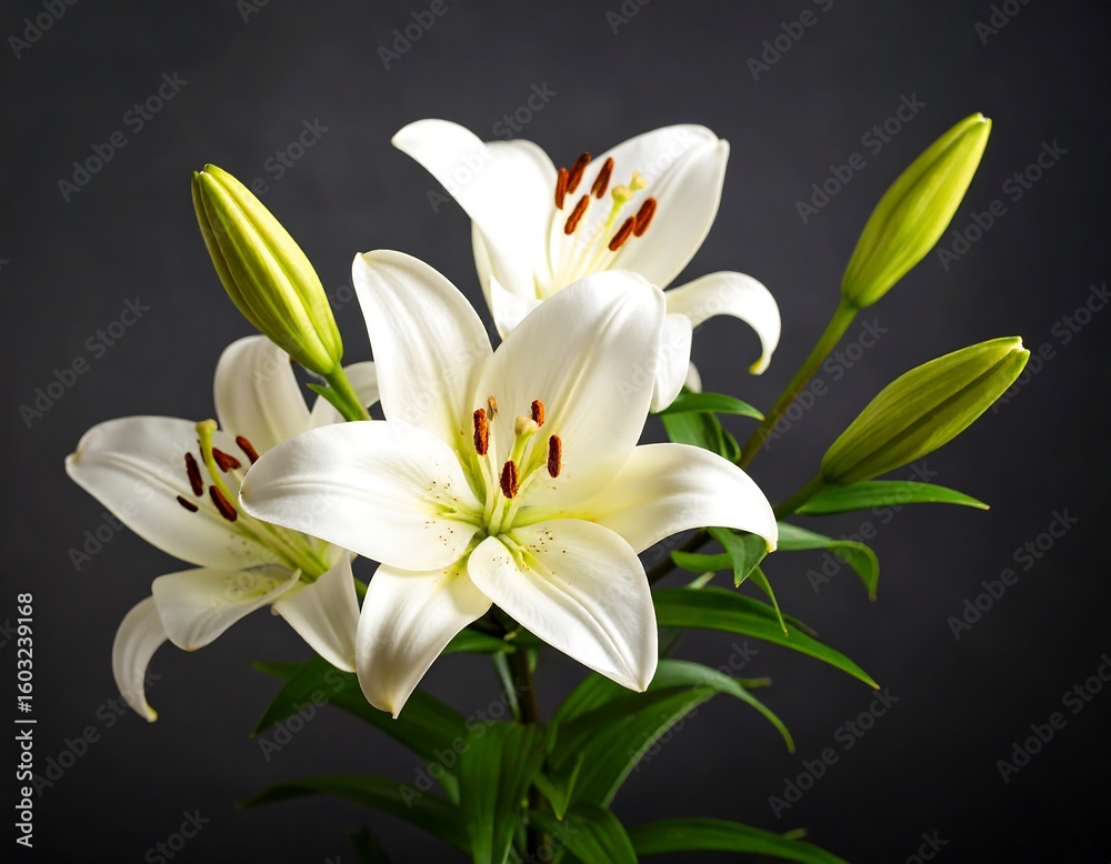 Fototapeta premium Close-up of three white lilies against a dark background