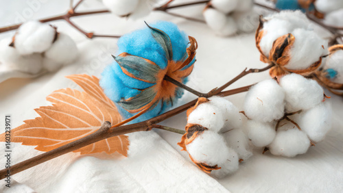 Close up of fluffy cotton bolls and a single dried leaf on branches isolated on transparent background