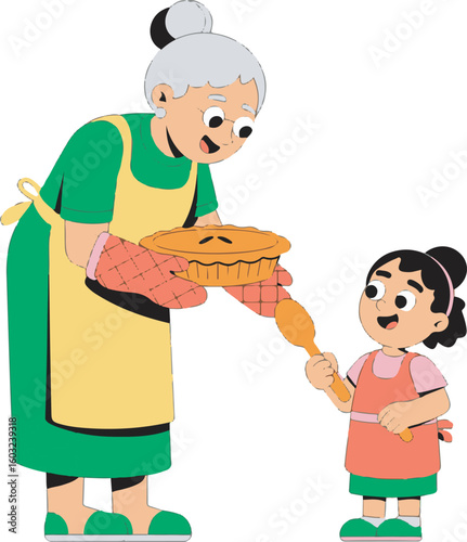 Grandmother and Granddaughter Baking a Pie Together in Kitchen Illustration