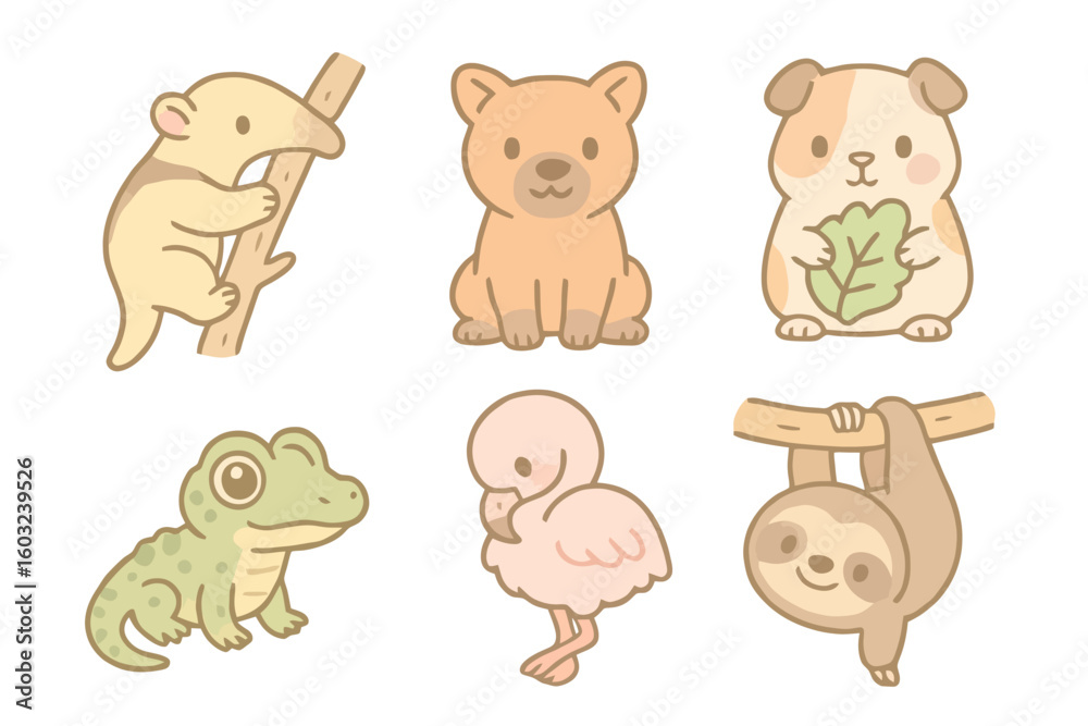 Obraz premium Cartoon pastel icons of cute animals: tamandua-mirim, bush dog, guinea pig, dwarf caiman, flamingo, and sloth cub. Transparent background, soft tones, no text.