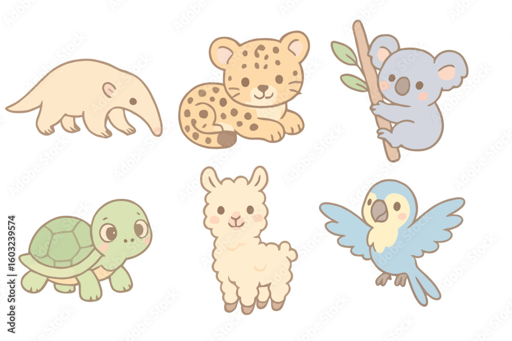 Obraz premium Cartoon icons of cute animals: anteater, jaguar cub, koala, turtle, llama, and baby macaw. Pastel tones, soft outlines, transparent background, no text.