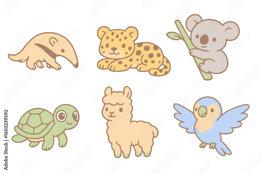 Obraz premium Adorable cartoon baby animals in pastel colors, perfect for children’s illustrations, stock assets, UI kits and playful sticker designs.