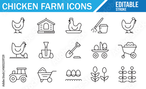Set of poultry farm icons featuring chickens, eggs, tools, and tractors for farming solutions