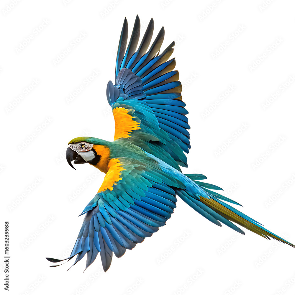 Fototapeta premium Vibrant Blue and Yellow Macaw Parrot in Flight with Transparent Background PNG
