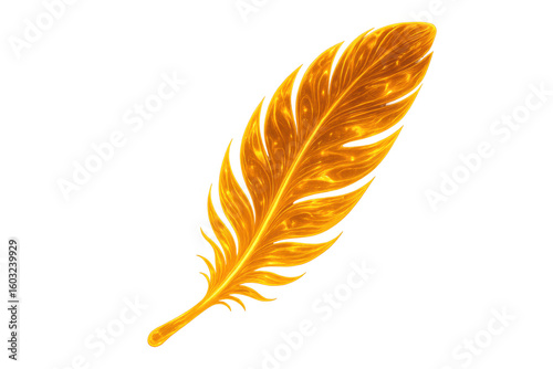 Luminous golden feather casting ethereal light, symbolizing magical essence with delicate, radiant glow on transparent surface