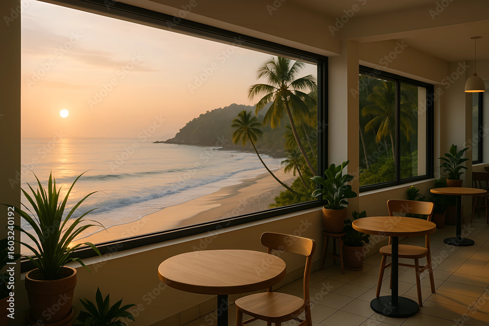 Fototapeta premium Ocean View Cafe: A scenic cafe overlooking the ocean during sunset, offering a tranquil view with tables and chairs, creating a perfect relaxing ambiance.