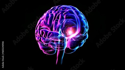 Digital rendering of a human brain with neural activity, glowing with neon colors on a transparent background