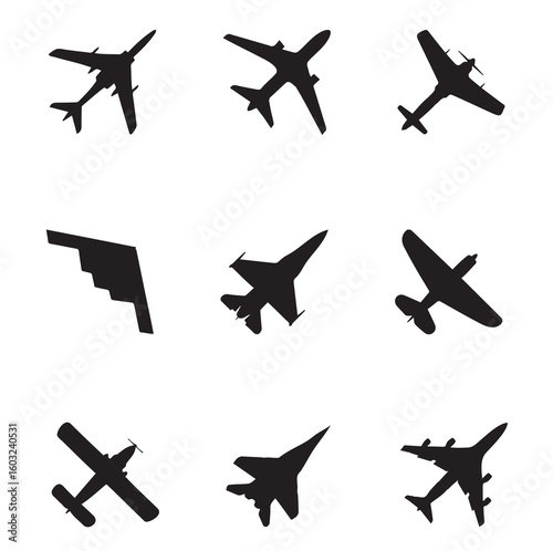 Airplane icons set, passenger plane, fighter plane and screw